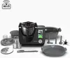 A black smart multi-cooker with various accessories laid out around it on a white background. Náhled obrázku produktu