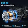 Close-up illustration of an electric bike motor with glowing energy effects, overlaid with text and icons detailing its specifications. Produktbild-Vorschau