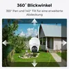 A security camera is shown in a backyard setting, with arrows indicating its 360-degree viewing capabilities. Produktbild-Vorschau