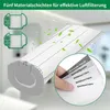 A close-up view of vacuum cleaner filters and a hand holding a layered filter material, with green leaves and bubbles floating around. Produktbild-Vorschau