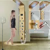 A woman is showering next to a gold-colored shower panel with multiple spray settings and a digital display. The image is a collage showing different views and features of the shower panel. Anteprima dell’immagine prodotto