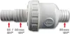 A white PVC check valve with hose barb fittings on both ends, shown against a white background. Red arrows point to the fittings, with text indicating sizes. Produktbild-Vorschau