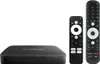 A black streaming box and two black remote controls are displayed against a white background. Produktbild-Vorschau
