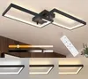 A collage showing a modern black ceiling light with multiple rectangular frames, a remote control, and sliders demonstrating dimming and color temperature adjustments. Produktbild-Vorschau