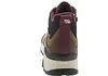 The back view of a brown and burgundy hiking boot with a speckled beige sole. Produktbild-Vorschau
