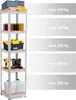 A metal storage rack with multiple shelves, each labeled with a maximum weight capacity of 100 kg. Various items are displayed on the shelves, including boxes, jars, a toolbox, tools, and water containers. Produktbild-Vorschau