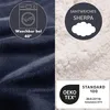 A split image showing the texture of a navy blue blanket on the left and a fluffy white sherpa material on the right, with various certification and care icons. Produktbild-Vorschau