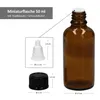 A brown glass bottle with its accessories and dimensions shown. Náhled obrázku produktu