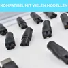 A collection of black USB charging adapters and cables arranged on a white surface, with a light blue banner at the top containing text. Produktbild-Vorschau