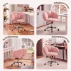 A collage of four images showing a pink office chair in different room settings. Produktbild-Vorschau