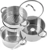 A stainless steel steamer pot with three layers and a glass lid is shown. Produktbild-Vorschau