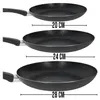 Three black frying pans of different sizes are displayed on a white background, with measurements indicated below each pan. Produktbild-Vorschau
