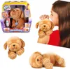 A collage of images showing a plush toy puppy in its packaging, being held by a child, and lying down. Produktbild-Vorschau