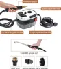 A steam cleaner with various attachments and labels indicating its features. Voir les images du produit
