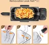 A collage showing a deep fryer with french fries and three instructional steps for using the fryer basket. Produktbild-Vorschau
