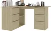 A corner desk with drawers and shelves, decorated with various items on top. Produktbild-Vorschau