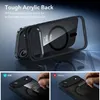 A product image showcasing a phone case with a clear back and black frame, highlighting its scratch resistance and magnetic attachment feature. Produktbild-Vorschau