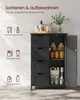 A black bathroom cabinet with various toiletries and cleaning supplies organized inside and on top. Text overlays explain storage suggestions. Produktbild-Vorschau