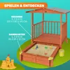 A wooden sandbox with a canopy and a raised veranda, with sand toys and a sandcastle illustration. Produktbild-Vorschau