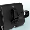 Close-up view of the back of a black leather phone case with a belt clip. Produktbild-Vorschau
