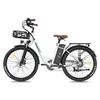 A white electric bicycle with a black basket and black tires, shown against a white background. Produktbild-Vorschau