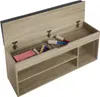 An open storage bench with two shelves and a lift-top compartment containing cleaning supplies. Náhled obrázku produktu