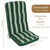 A green and white striped chair cushion with dimensions indicated by text and arrows. Produktbild-Vorschau