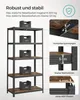 A SONGMICS shelving unit with weights on the shelves, accompanied by diagrams highlighting its features. Produktbild-Vorschau