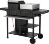 A black and silver gas grill with a pizza oven and plancha attachment, shown from a front-side angle on a white background. Produktbild-Vorschau