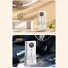 Collage showing a compact air purifier in two different settings: a bathroom sink area and a car interior. Produktbild-Vorschau