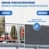 A split image showing a balcony before and after installing a privacy screen. The 'before' side shows a railing with plants and a toy car. The 'after' side shows the privacy screen installed, with an icon indicating protection from prying eyes. Produktbild-Vorschau