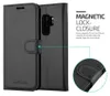A black leather flip phone case is shown with a close-up of its magnetic closure feature. Anteprima dell’immagine prodotto