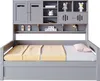 A grey wooden daybed with a built-in shelving unit and cabinets above the headboard, featuring bedding and decorative items. Náhľad obrázku produktu