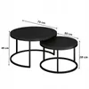 Two black round coffee tables of different sizes, with dimensions indicated by measurement lines and text. Náhľad obrázku produktu
