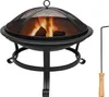 A black metal fire pit with a mesh lid and a poker tool. Produktbild-Vorschau