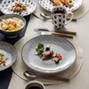 A table setting with plates, bowls, and a mug, featuring food items. Náhled obrázku produktu