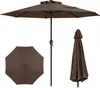 A brown patio umbrella is shown in three different views: open, closed, and a top-down view of the canopy. Anteprima dell’immagine prodotto
