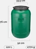 A green plastic barrel with dimensions and capacity indicated by text overlays. Produktbild-Vorschau