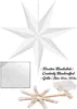 A white star-shaped lantern is shown hanging, with a close-up of its textured surface and a disassembled view of its internal structure with LED lights and a battery pack. Náhled obrázku produktu