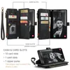 A collage of images showcasing a black leather wallet-style phone case with multiple card slots, a zipper pocket, and a phone inserted. Produktbild-Vorschau