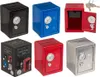 A collage of different colored metal piggy banks shaped like safes, along with a box showing the product. Náhľad obrázku produktu