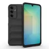 A black phone case with a textured back and a camera cutout is shown against a white background. The phone's screen is visible and displays a colorful geometric pattern. Produktbild-Vorschau