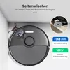 A robot vacuum cleaner is shown in a corner, with close-up insets highlighting its side brushes and cleaning capabilities. Produktbild-Vorschau