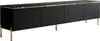 A long, black TV cabinet with gold trim and gold legs, shown against a white background. Produktbild-Vorschau