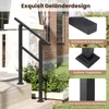 A black metal handrail is shown installed on outdoor steps, with close-up insets highlighting its features. Podgląd zdjęcia produktu
