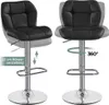 Two views of a black bar stool, one showing height adjustment and the other showing 360-degree rotation. Produktbild-Vorschau