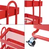 A collage of close-up shots of a red metal kitchen trolley, showcasing its construction and details. Produktbild-Vorschau