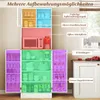A multi-compartment kitchen cabinet with various items stored inside, with labels pointing to different sections. Podgląd zdjęcia produktu