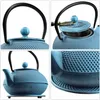 A collage of four images showing different views of a blue cast iron teapot. Náhled obrázku produktu