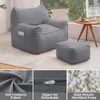 A grey beanbag chair and ottoman set with close-up shots of the fabric, zipper, and filling. Náhľad obrázku produktu